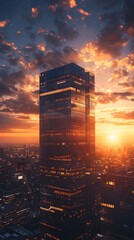 Majestic Corporate Highrise Dominates Vibrant Sunset Cityscape