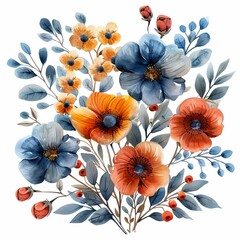 A picturesque watercolor illustration of a variety of flowers, including anemones and cornflowers, with rich detail and clipart
Concept: art and nature, in botanical books and textbooks, flora and pla - obrazy, fototapety, plakaty