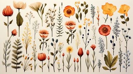 Collection of watercolor plants and flowers with poppies, cornflowers and cereals, made in delicate colors clipart
Concept: art and nature, in botanical books and textbooks, flora and plant growing.