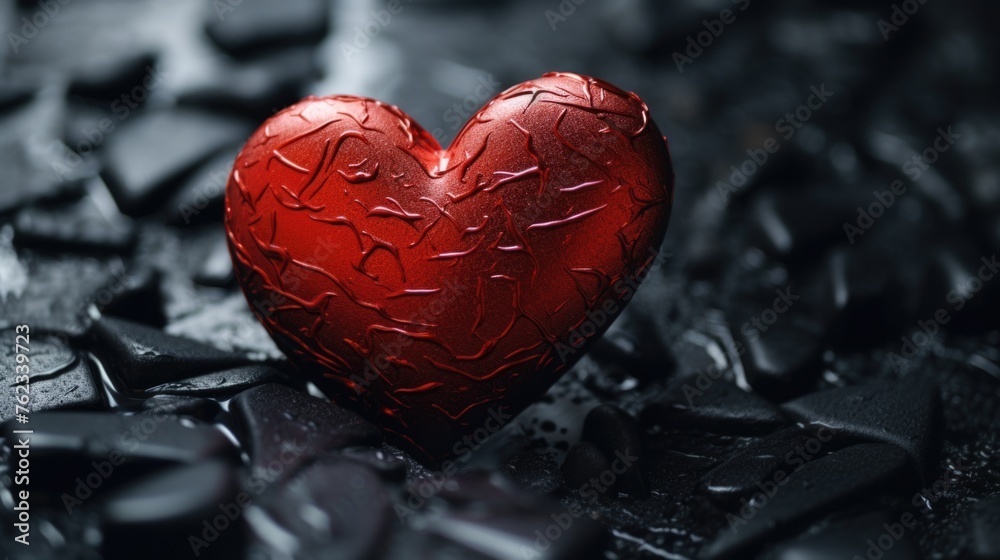 Poster a red heart sitting on top of a pile of black rocks. suitable for various romantic concepts