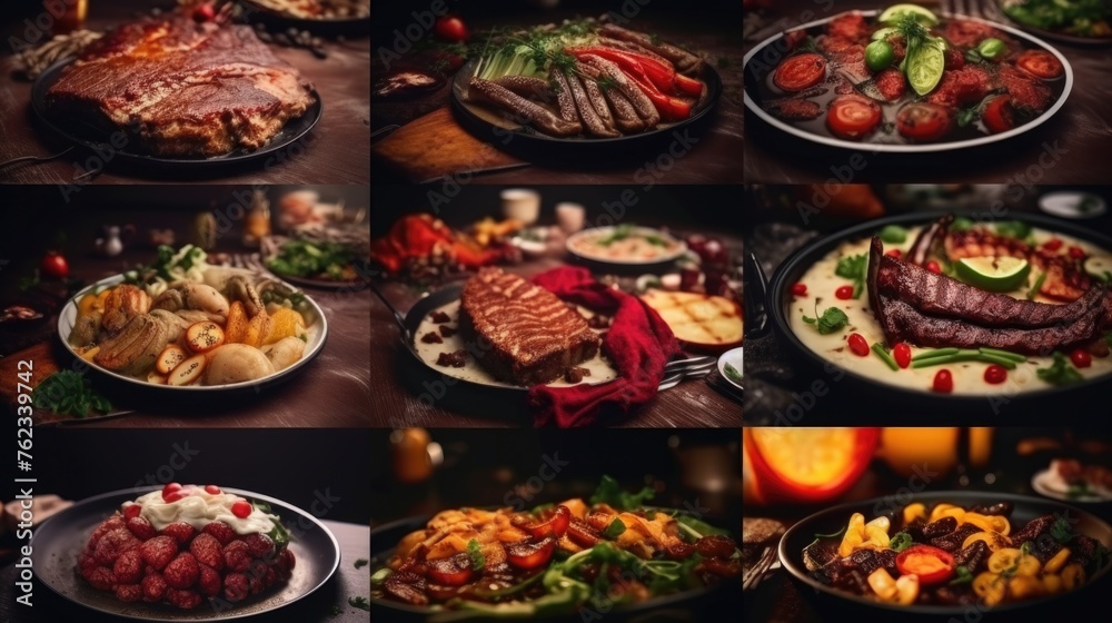 Poster assorted food items displayed on a table, suitable for food blogs or restaurant menus