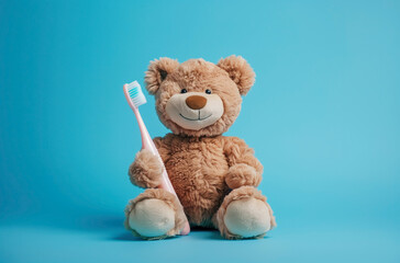Teddy bear holding a toothbrush on a blue background. Plush toy with dental hygiene concept isolated on blue