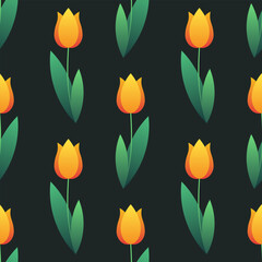 Tulips vector seamless pattern. Orange flowers with green leaves on black background. Best for textile, wallpapers, wrapping paper, package and home decoration.