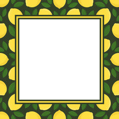 Vector square frame with copy space. Yellow lemons and green leaves on dark background.