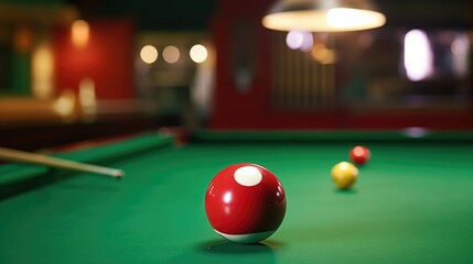 A red ball on a pool table, suitable for sports and leisure concepts