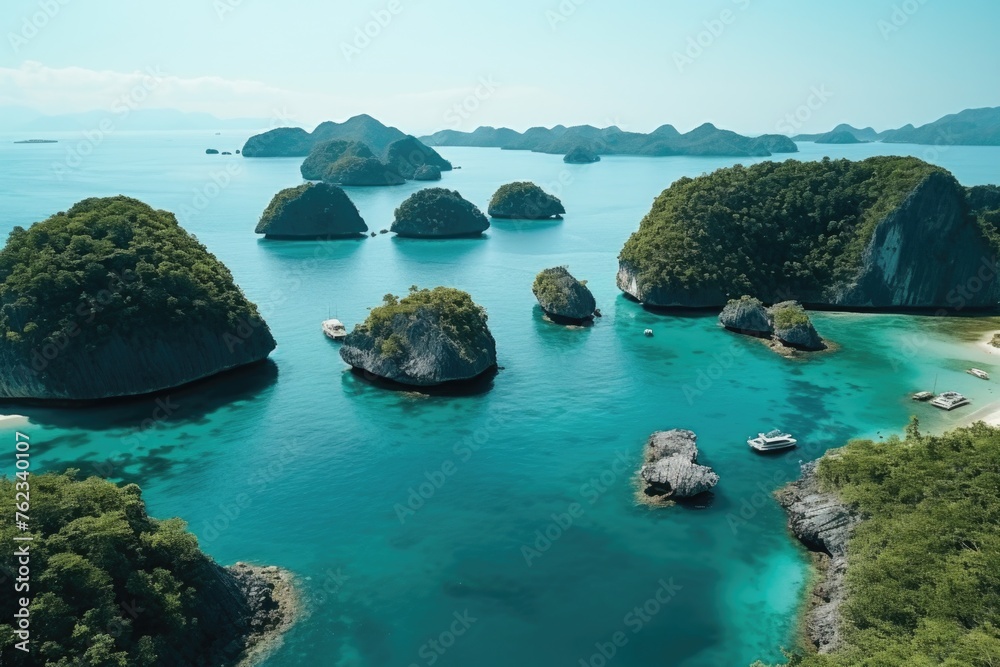 Poster a scenic view of a large body of water surrounded by rocks. suitable for travel and nature concepts