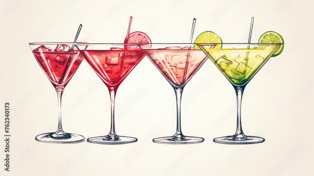 Poster vibrant image of three cocktail glasses with different colored drinks. perfect for beverage and part