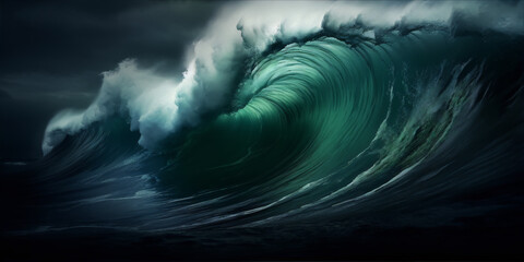 The image is a dark green ocean wave with a white crest, with a dark background.