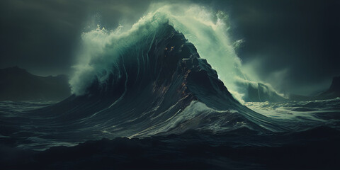 Digital painting of rough sea with giant wave crashing on rocks with dark stormy sky in background.