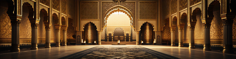 3D rendering of a opulent Moorish style palace interior with golden walls and intricate patterns