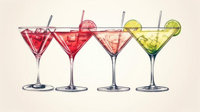 Vibrant image of three cocktail glasses with different colored drinks. Perfect for beverage and party concepts