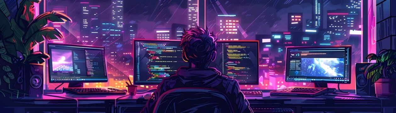 Cyberpunk-Inspired Workspace: Fueling Late-Night Tech Hustle and Innovation
