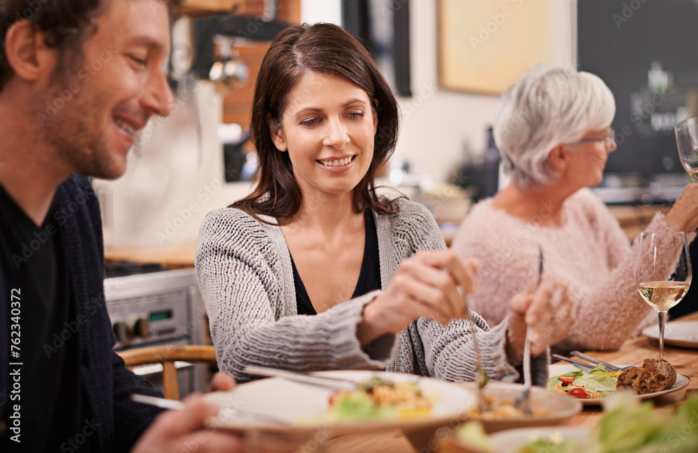 Sticker Family, meal and table for love in home, communication and healthy food or alcohol in apartment. Happy people, bonding and eating together on weekend, relax and speaking or care for supper or dinner