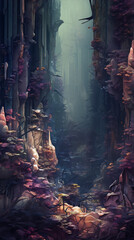 Mystical digital painting of a mysterious glowing pink and purple crystal forest