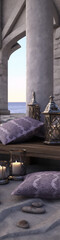 3d rendering of a luxury resort with pillows, candles and a view of the sea