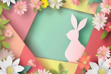 Easter Paper Card with Bunny, Rabbit Shape Frame, Spring Flowers on Colorful Geometric Background