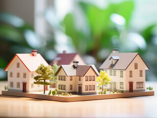 house models on blurred living room background, house selection, real estate concept. 