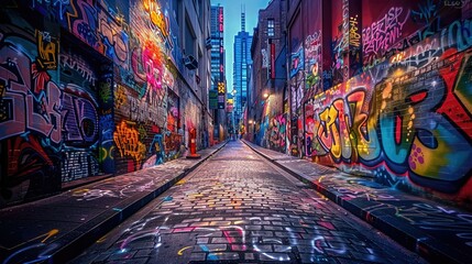 Among the maze of buildings, graffiti-covered walls stand out in vibrant colors, depicting the vibrant street art scene of the city The camera angle is ground-level - obrazy, fototapety, plakaty