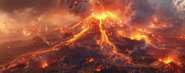 An imposing volcano with fiery eruptions spewing molten lava into the air