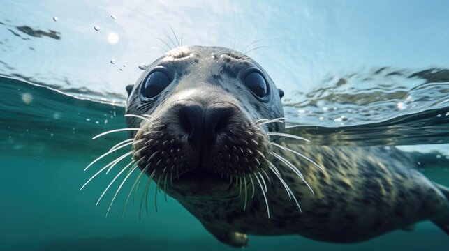 A close up image of a seal swimming in the water. Suitable for nature and wildlife themes