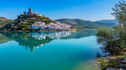 Fototapeta na wymiar Breathtaking view of Lake Iznajar and Historical Town Nestled Amidst Hills in Andalusia, Spain.