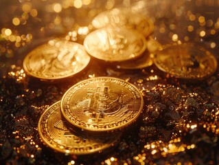 Bitcoins shimmering under a spotlight, their shine symbolizing the spotlight on cryptocurrency in today's digital economy