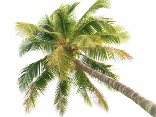 A single palm tree with vibrant green leaves reaching into the white backdrop, symbolizing tropical tranquility and nature's simplicity.