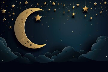 Obraz na płótnie Canvas Elegant Eid Mubarak banner vector crescent moon and star on serene night sky symbolizing Islamic faith