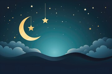Obraz na płótnie Canvas Elegant Eid Mubarak banner vector crescent moon and star on serene night sky symbolizing Islamic faith