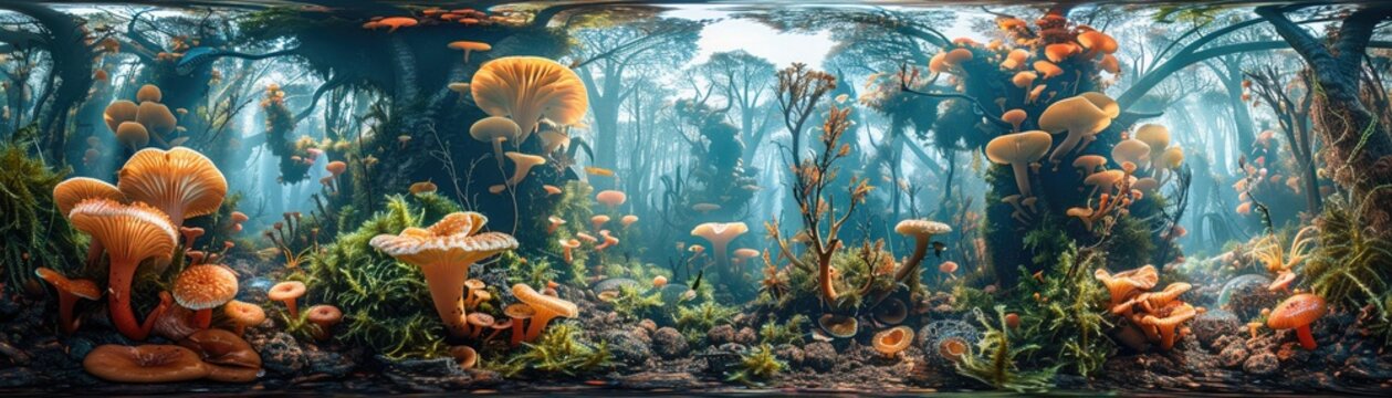 Diverse microbiomes in a vibrant rainforest, showcasing rich ecosystems in miniature Subjects interact, fungi weaving through bacteria colonies Style