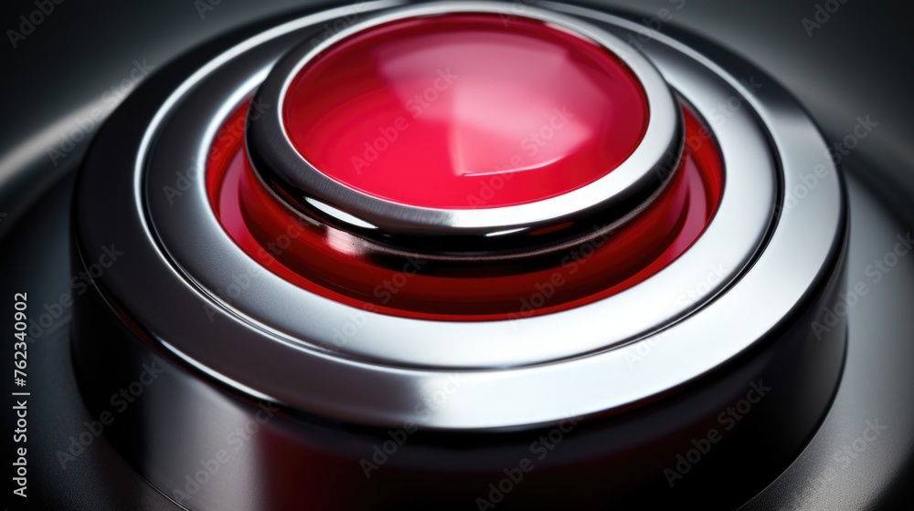 Poster A detailed close up of a red button on a black surface. Perfect for technology or control concepts