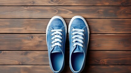 Blue sneakers resting on a wooden surface, suitable for sports or lifestyle themes