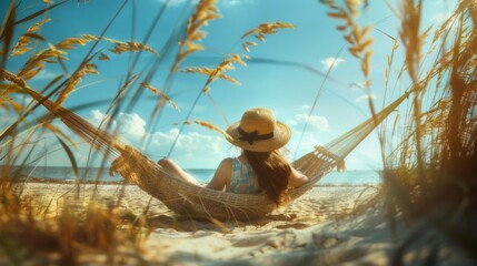 A young woman is resting in a hammock against the backdrop of the sea. Time for rest, sleep and relaxation in the open air. - obrazy, fototapety, plakaty