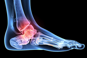Pain concept - female suffering from foot and ankle pain, pain is visualized with glowing bones - 762340951