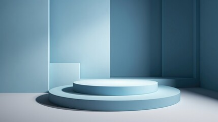 Minimalist blue podium in a 3D stage setting casting dynamic shadows on abstract floors ideal for product display