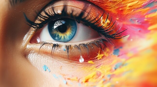 Close up of a person's eye with colorful paint, suitable for artistic projects