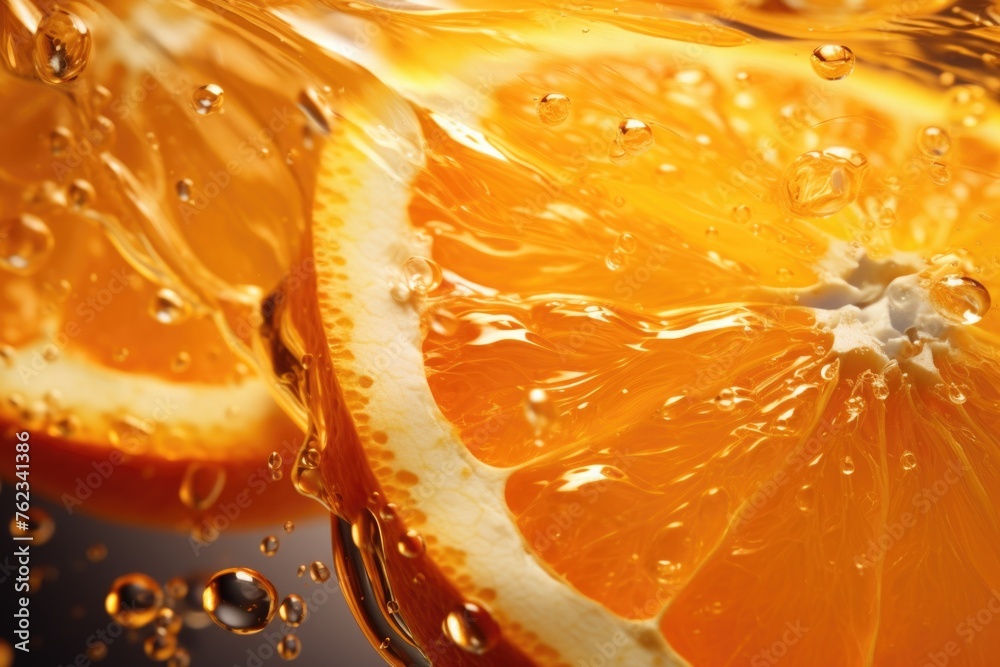 Aufkleber close up of a fresh orange slice submerged in water. perfect for refreshing summer drink concepts