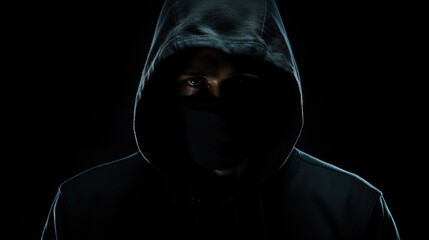 Mysterious person wearing a hood with obscured face, suitable for suspenseful themes - obrazy, fototapety, plakaty