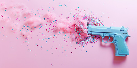 confetti splashes from a  blue gun on rose background, party concept - obrazy, fototapety, plakaty