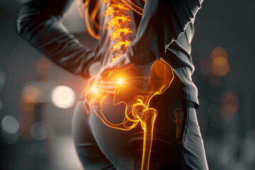 Pain concept - female suffering from hip pain, pain is visualized with glowing bones - 762341517