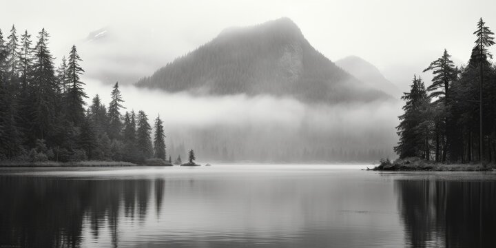 A serene black and white photo of a misty mountain. Ideal for nature and travel concepts