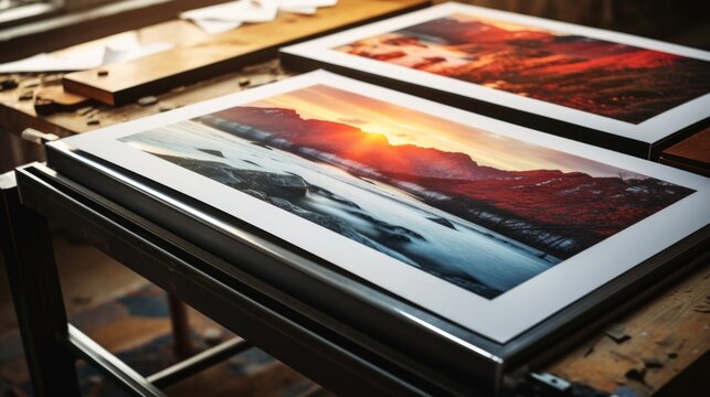 A couple of pictures sitting on top of a table. Suitable for interior design concepts
