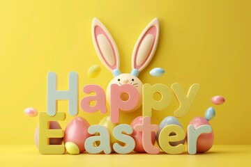 Happy Easter 3d Festive Easter Banner, Easter Bunny and Eggs in Basket on Yellow Background