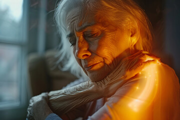 Pain concept - senior suffering from shoulder pain, pain is visualized as glowing bones - 762341795
