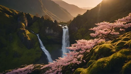 Tuinposter Cherry blossom in front of a waterfall in the mountains at sunset © ASGraphics