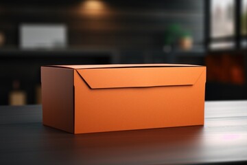 A vibrant orange box resting on a rustic wooden table. Ideal for product showcasing or storage solutions - Powered by Adobe