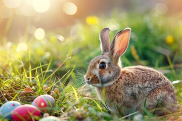 Fototapeta na wymiar Cute Rabbit, Bunnies and Easter Eggs on Spring Meadow, April Celebration Background, Easter Card