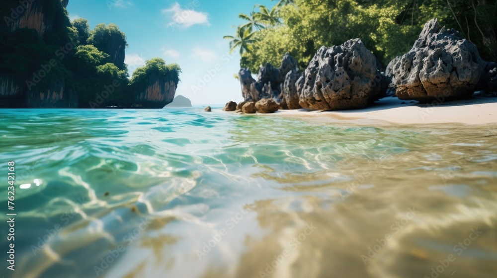 Poster a serene view of the ocean from the shore. suitable for travel and nature concepts