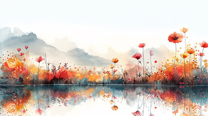 Watercolor flowers and lake