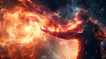 Abstract representation of a cosmic entity wielding fiery energy, set against a starry space background in a digital artwork.